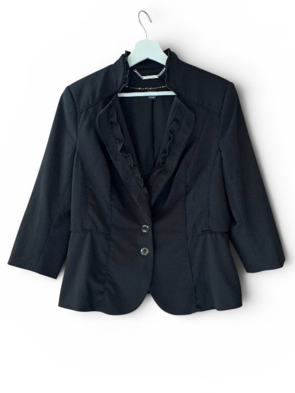 White House Black Market Black Ruffle-Trim Two-Button 3/4 Length Sleeve Blazer